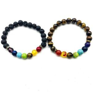 Semiprecious Stone Stretch Bracelets Lot of 2 Brass Tone Boho Festival Party